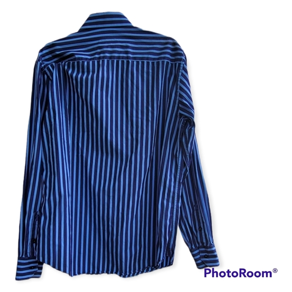 Men's BUGATCHI Blue + Stripe Shirt Shaped Fit Contrasting Collar Cuff Large Blue - Picture 2 of 10